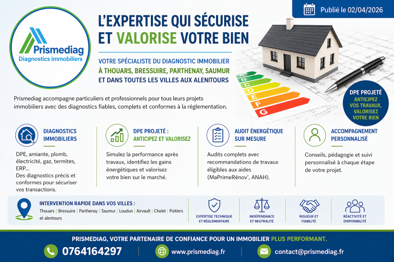 Diagnostic immobilier - DPE - Thouars Bressuire Saumur Loudun Parthenay Niort Chinon Cholet Mauléon Airvault et alentours - Prismediag